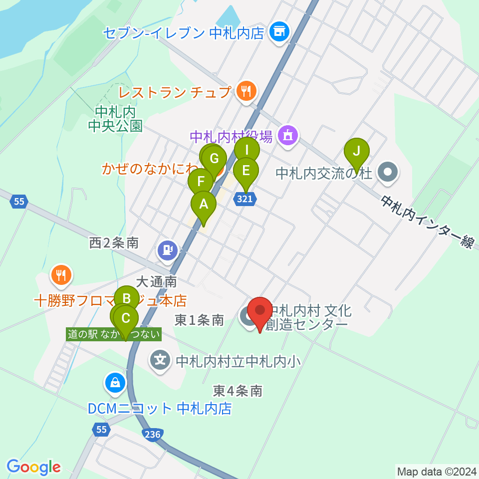 中札内文化創造センター ハーモニーホール周辺のファミレス・ファーストフード一覧地図