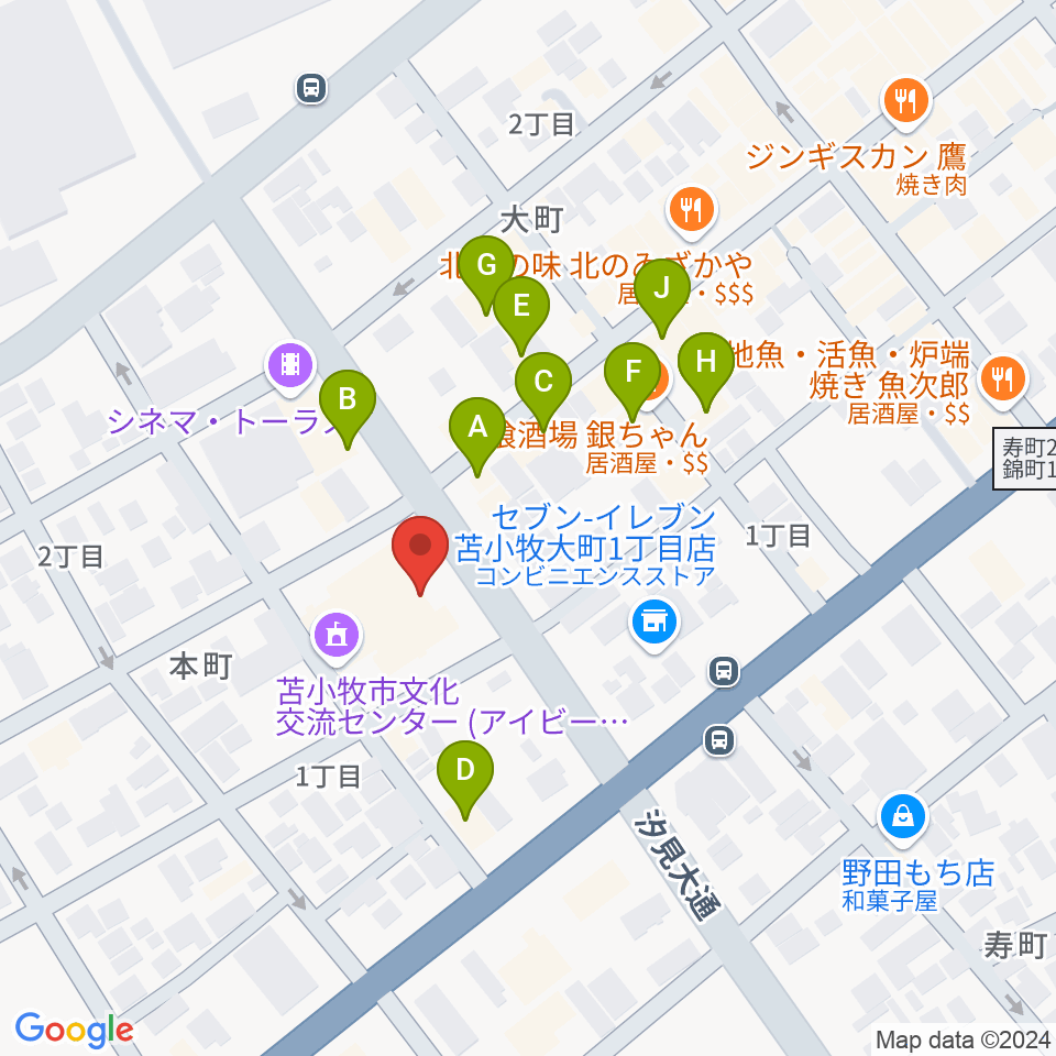 苫小牧市文化交流センター アイビー・プラザ周辺のファミレス・ファーストフード一覧地図