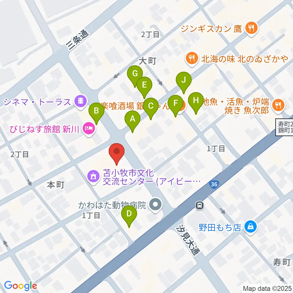 苫小牧市文化交流センター アイビー・プラザ周辺のファミレス・ファーストフード一覧地図