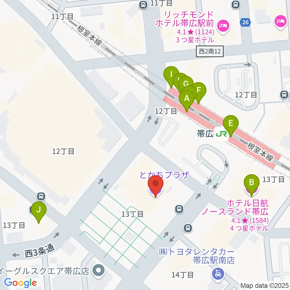 とかちプラザ レインボーホール周辺のファミレス・ファーストフード一覧地図