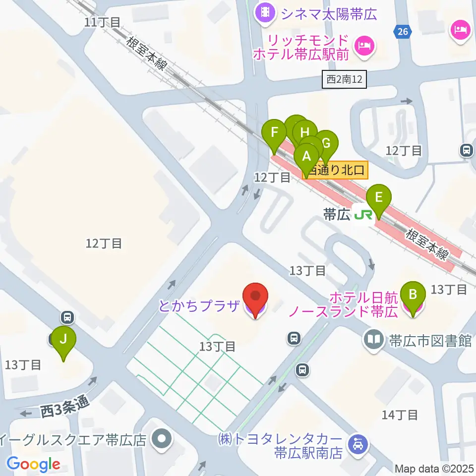 とかちプラザ レインボーホール周辺のファミレス・ファーストフード一覧地図