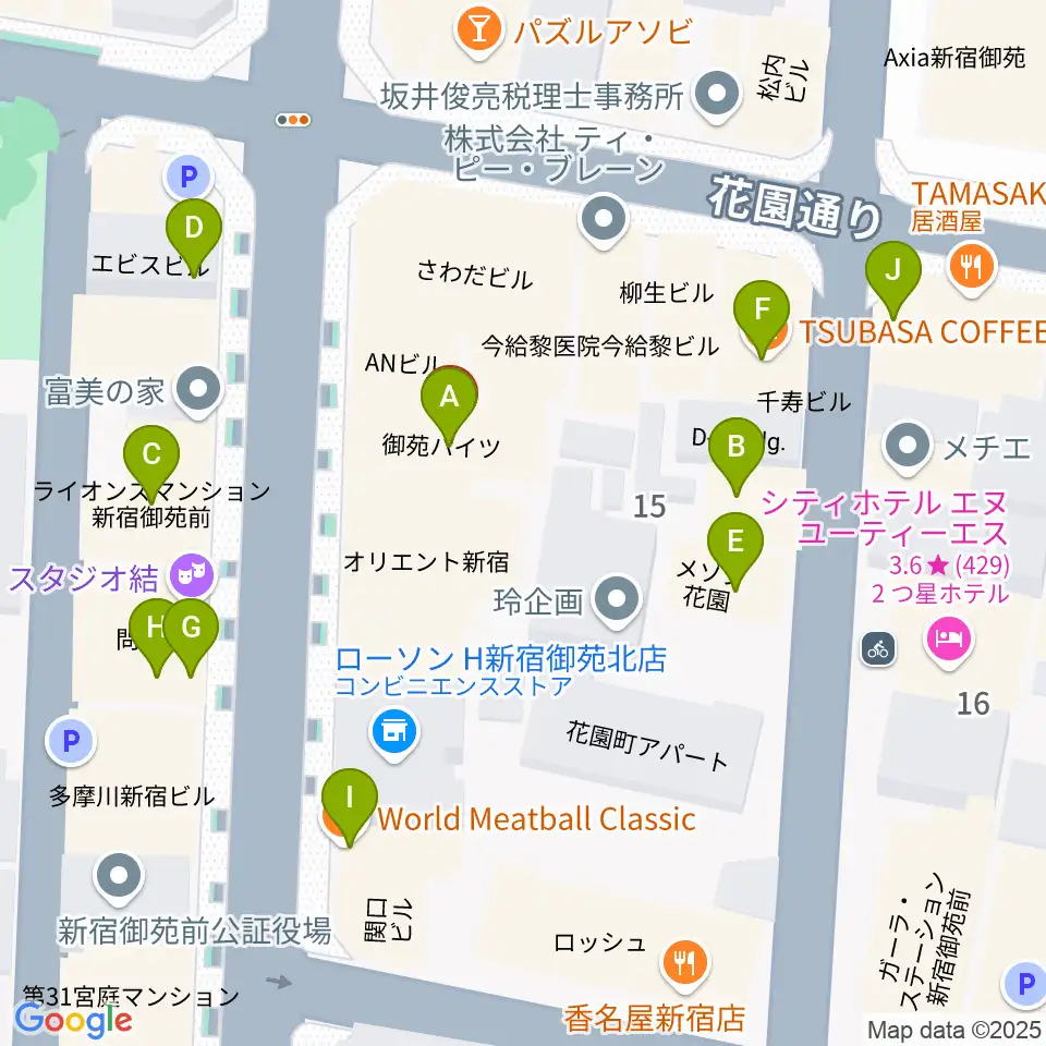 御苑音楽スタジオ周辺のファミレス・ファーストフード一覧地図