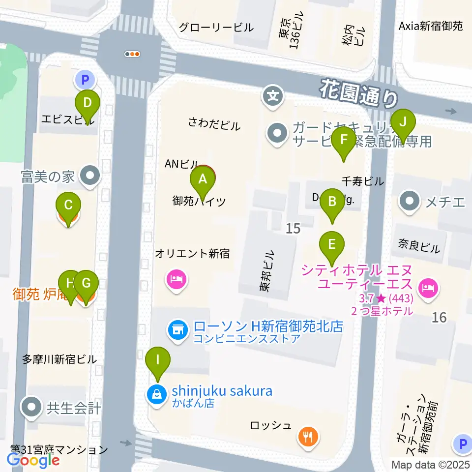 御苑音楽スタジオ周辺のファミレス・ファーストフード一覧地図