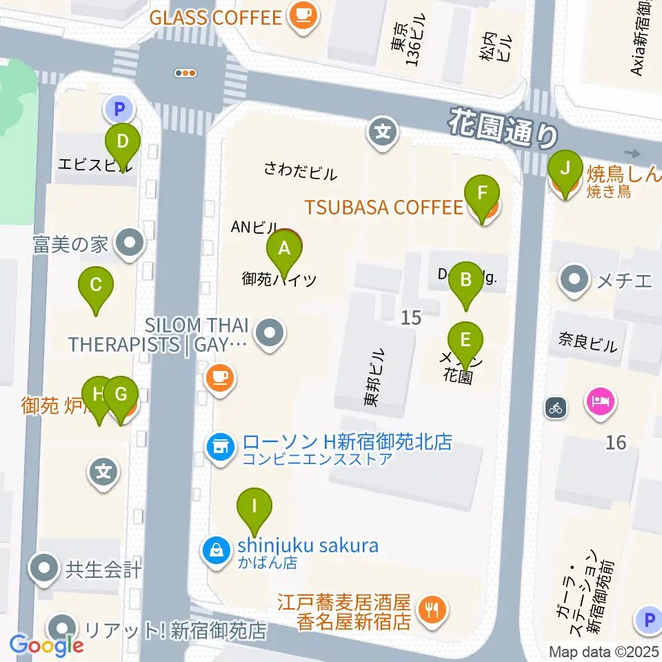 御苑音楽スタジオ周辺のファミレス・ファーストフード一覧地図