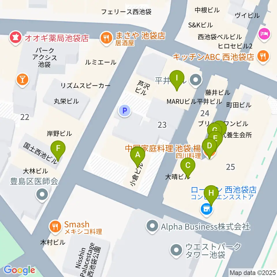 池袋フィールド周辺のファミレス・ファーストフード一覧地図