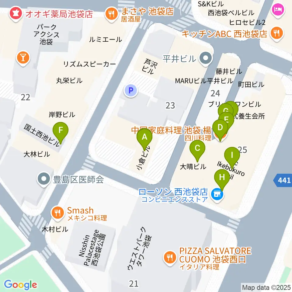 池袋フィールド周辺のファミレス・ファーストフード一覧地図
