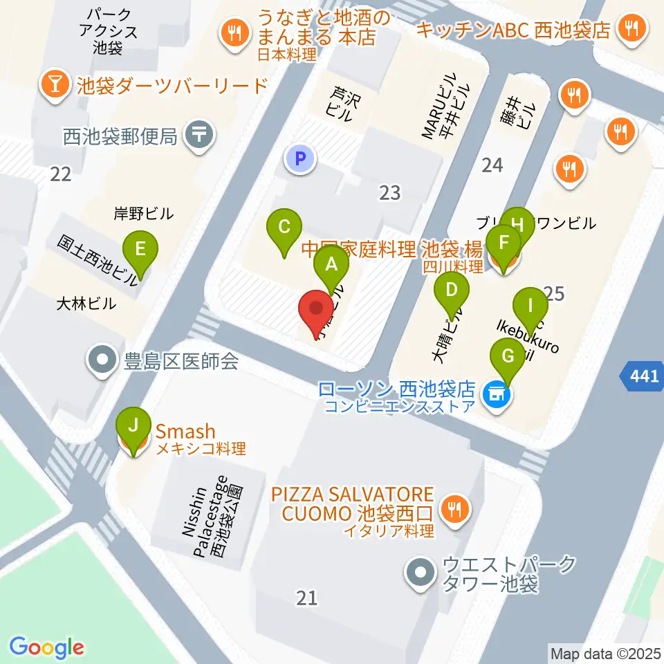 池袋フィールド周辺のファミレス・ファーストフード一覧地図