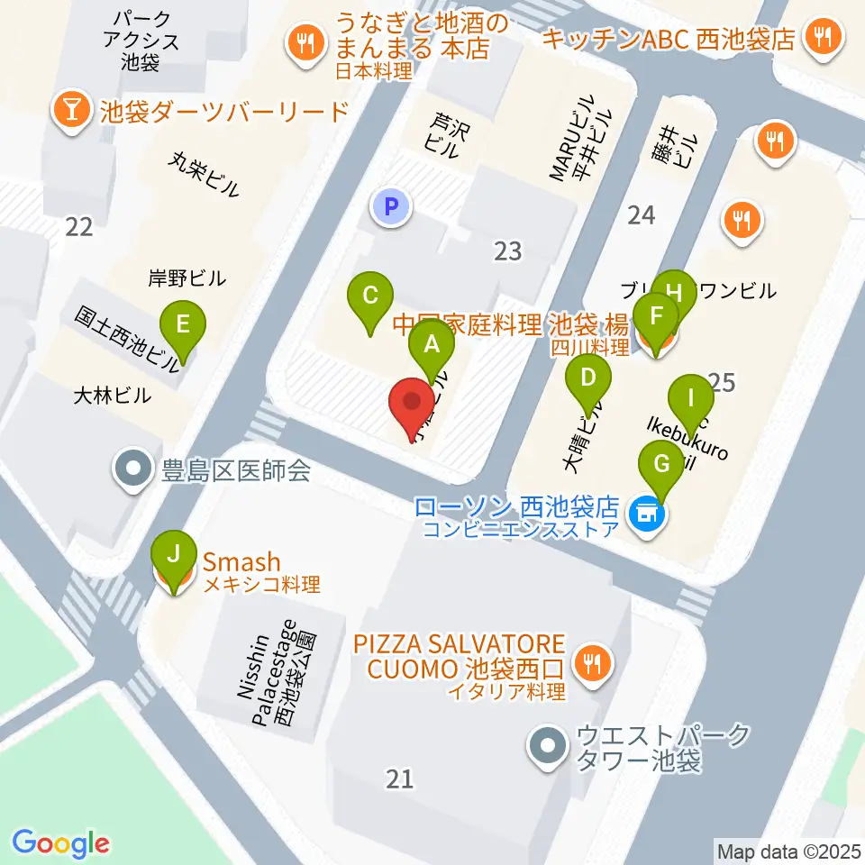 池袋フィールド周辺のファミレス・ファーストフード一覧地図