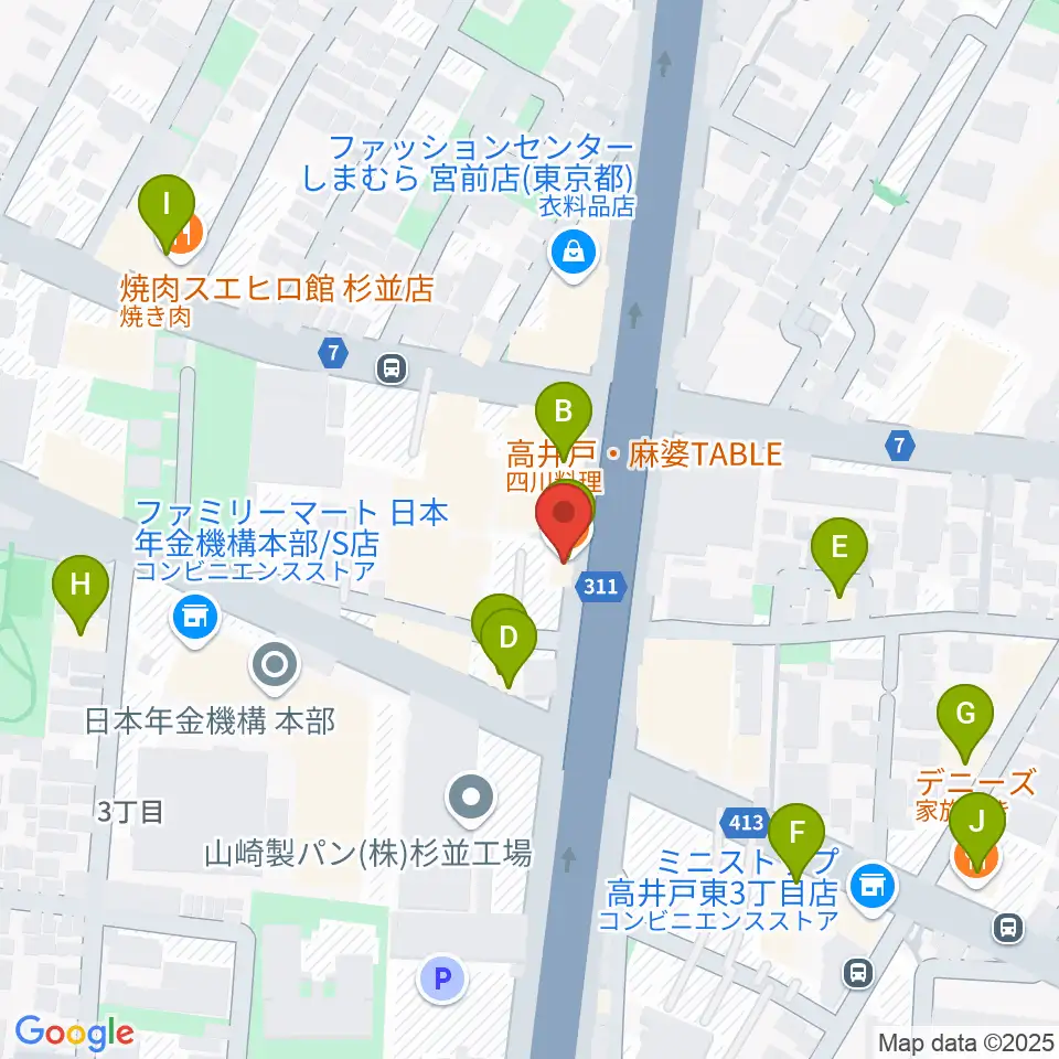 高井戸音楽スクール＆スタジオ周辺のファミレス・ファーストフード一覧地図