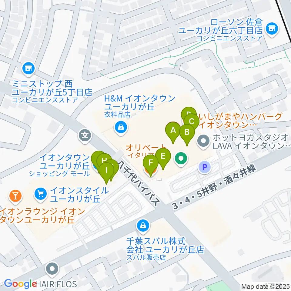 島村楽器 イオンタウンユーカリが丘店周辺のファミレス・ファーストフード一覧地図