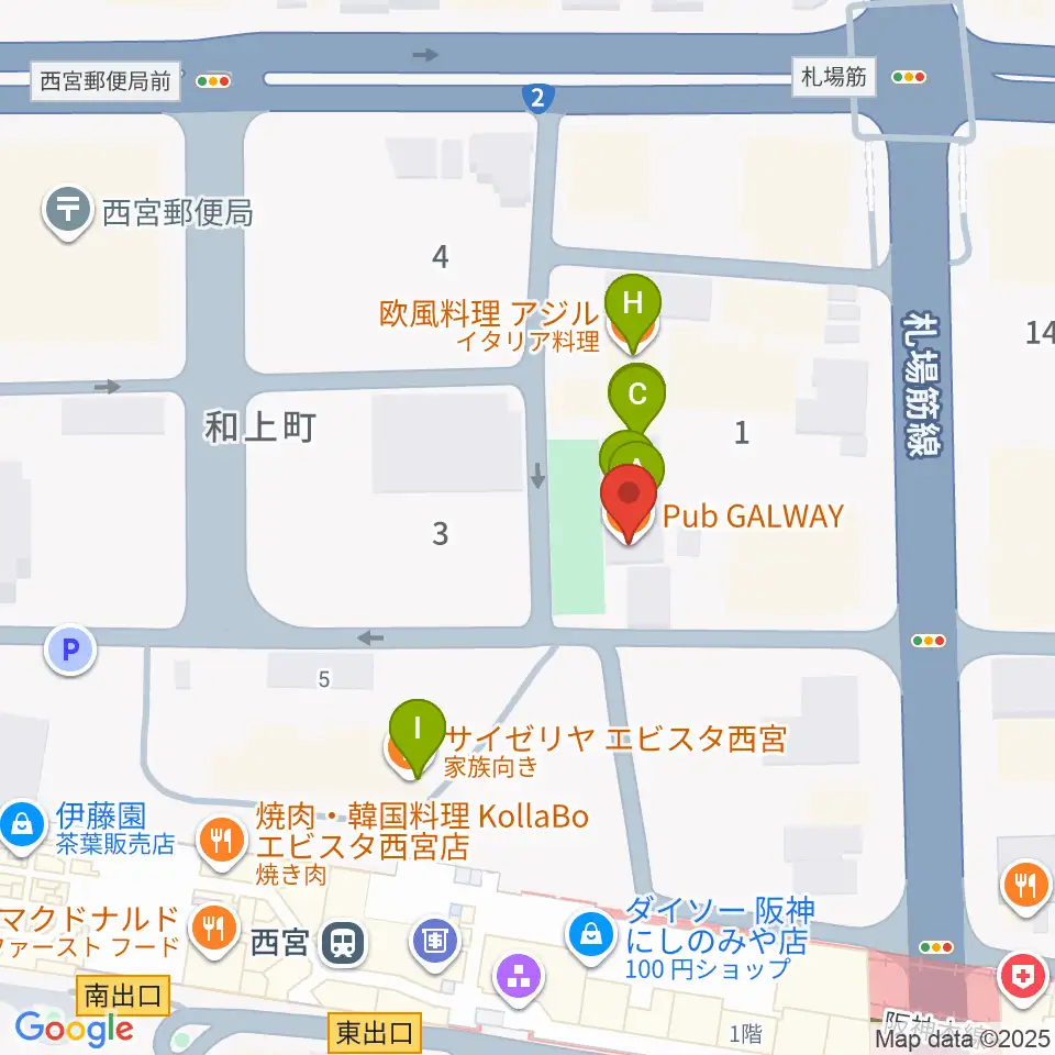 阪神西宮ゴールウェイ周辺のファミレス・ファーストフード一覧地図