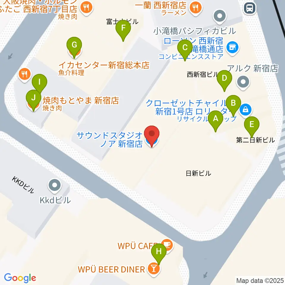 サウンドスタジオノア 新宿店周辺のファミレス・ファーストフード一覧地図
