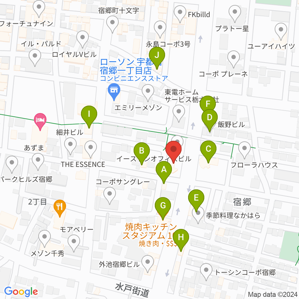 宇都宮センター ヤマハミュージック周辺のファミレス・ファーストフード一覧地図
