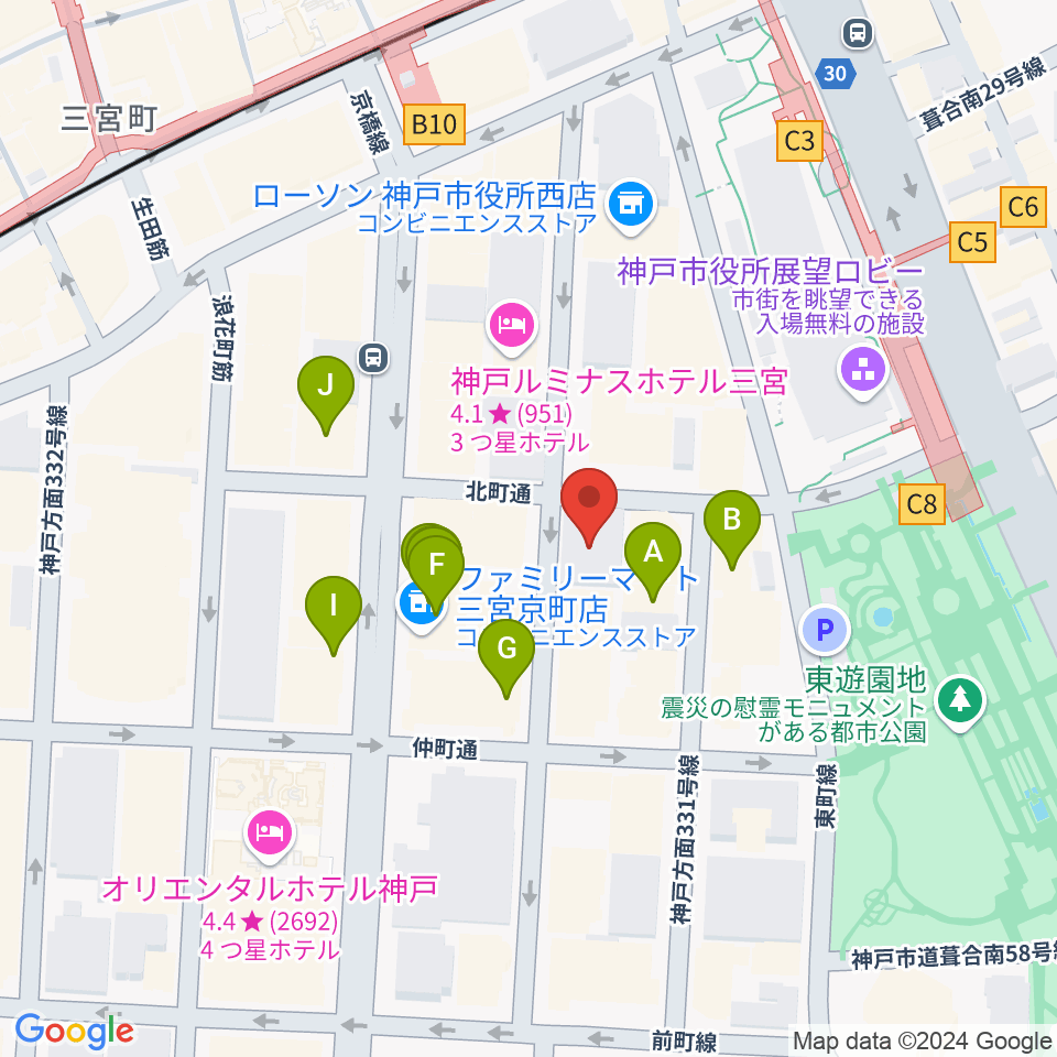 100BANホール＆スタジオ周辺のファミレス・ファーストフード一覧地図