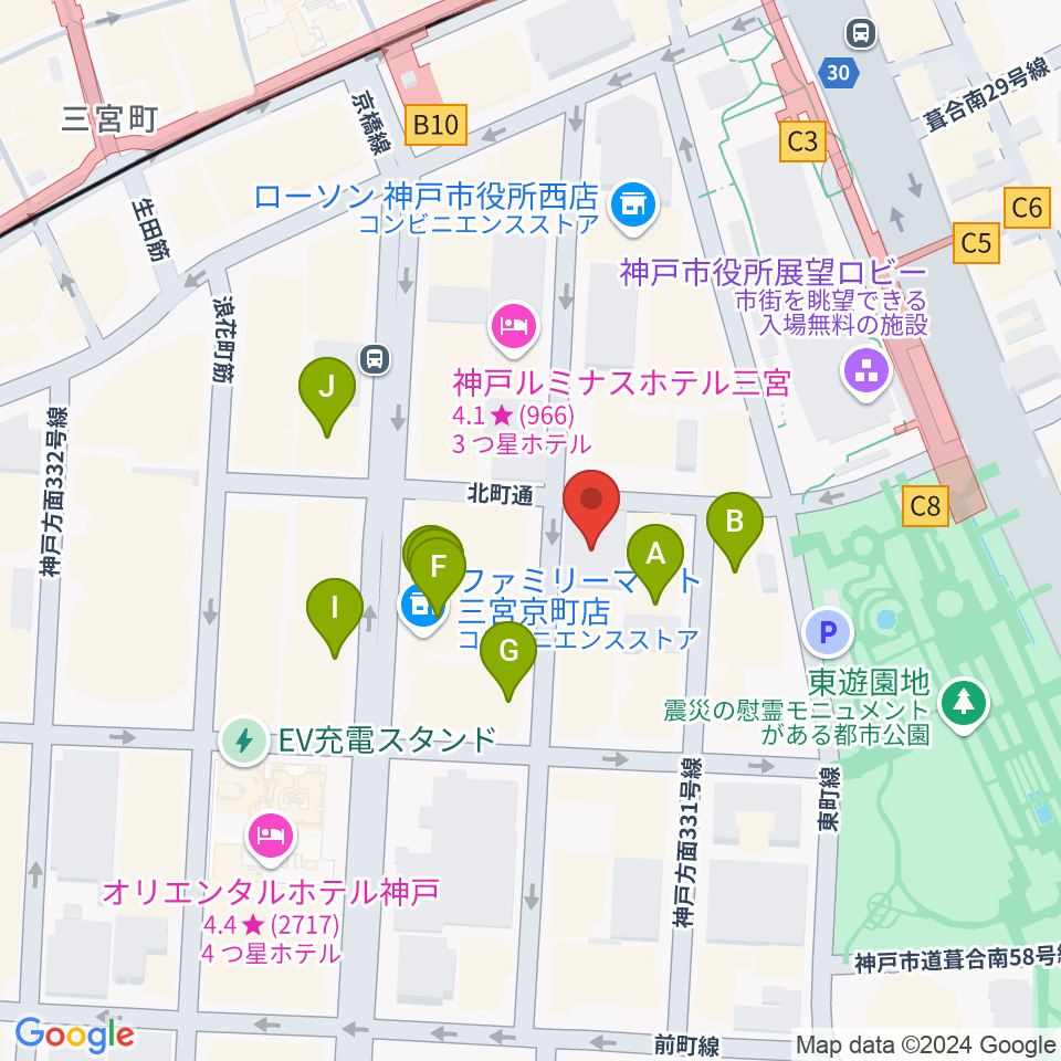 100BANホール＆スタジオ周辺のファミレス・ファーストフード一覧地図