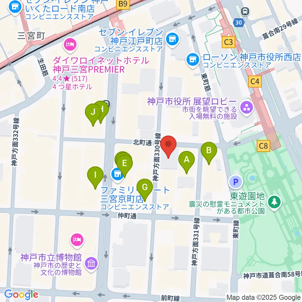 100BANホール＆スタジオ周辺のファミレス・ファーストフード一覧地図