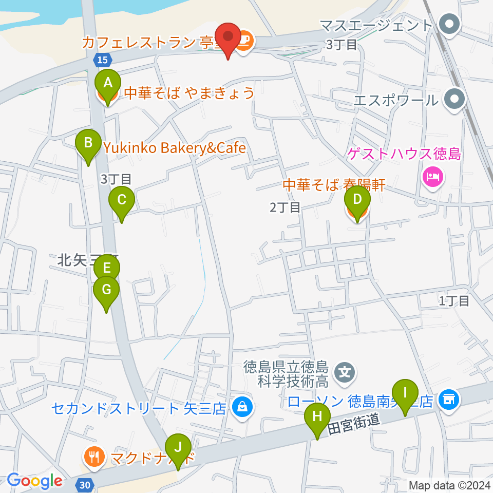 徳島J-POPS STUDIO周辺のファミレス・ファーストフード一覧地図