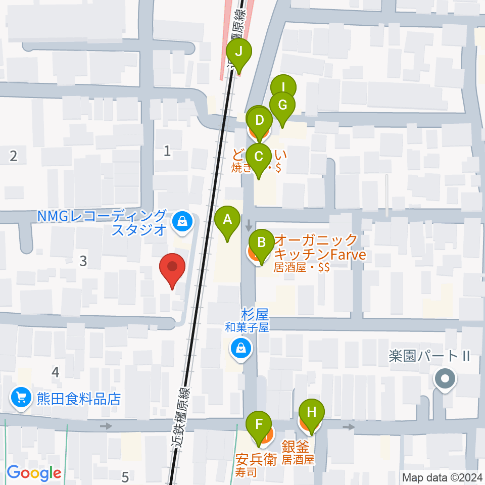 NMGレコーディングスタジオ周辺のファミレス・ファーストフード一覧地図