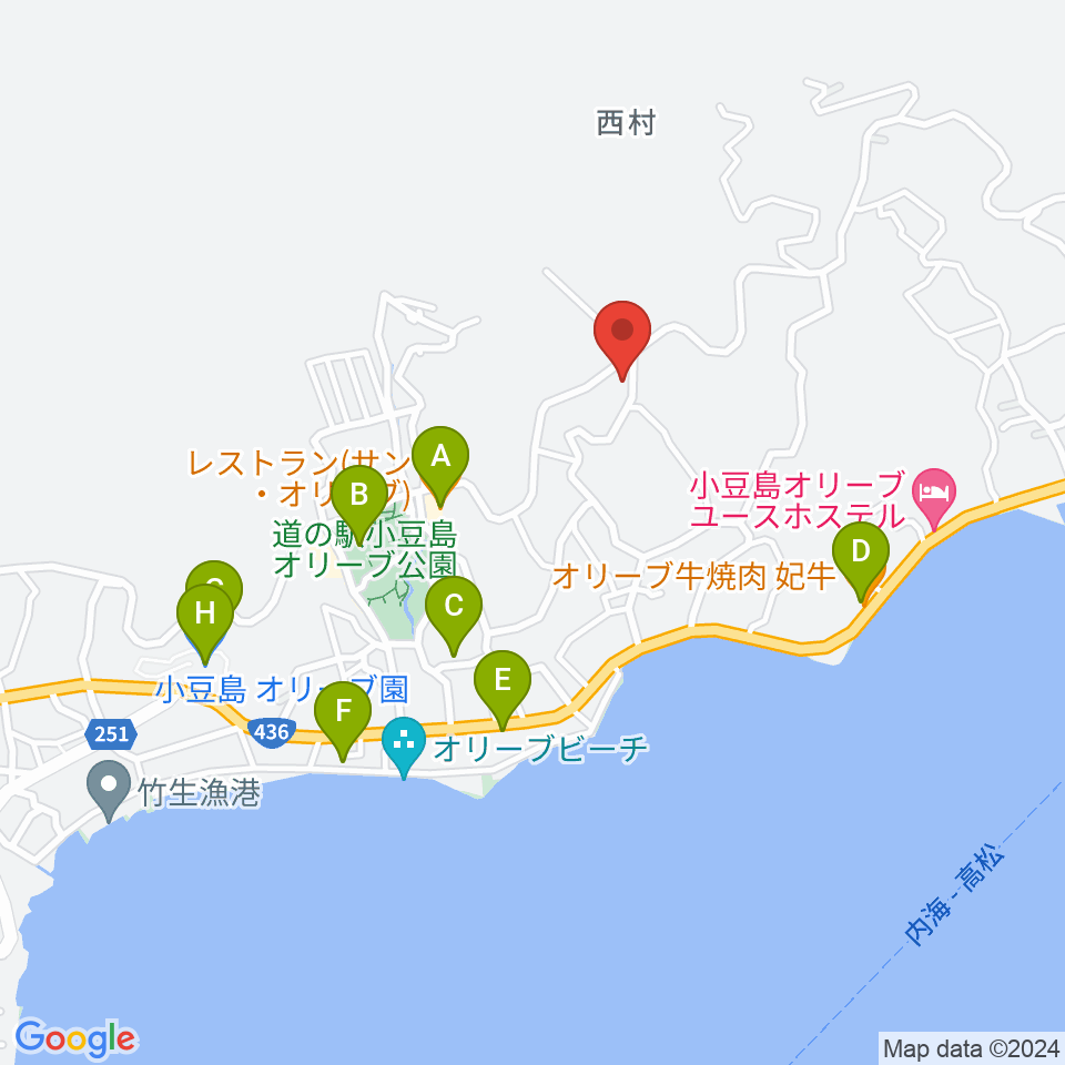 小豆島ペンション バァンキャトル・ウ周辺のファミレス・ファーストフード一覧地図