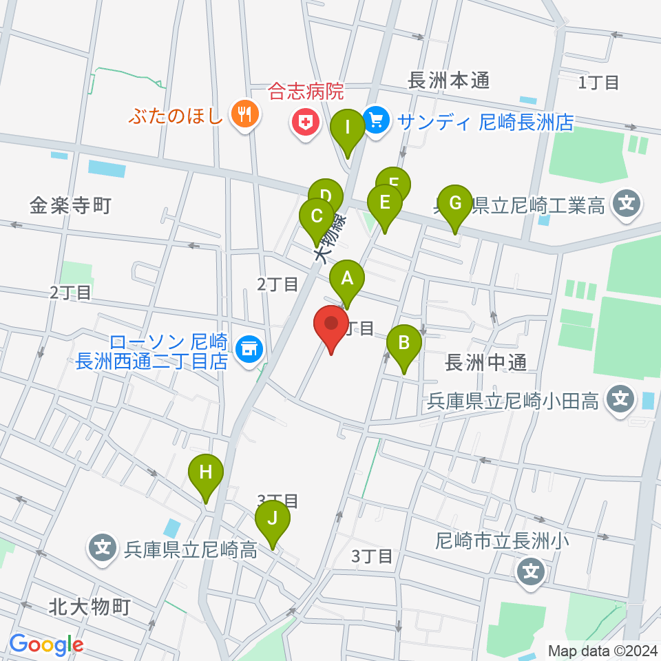 ピアノ工房関西周辺のファミレス・ファーストフード一覧地図