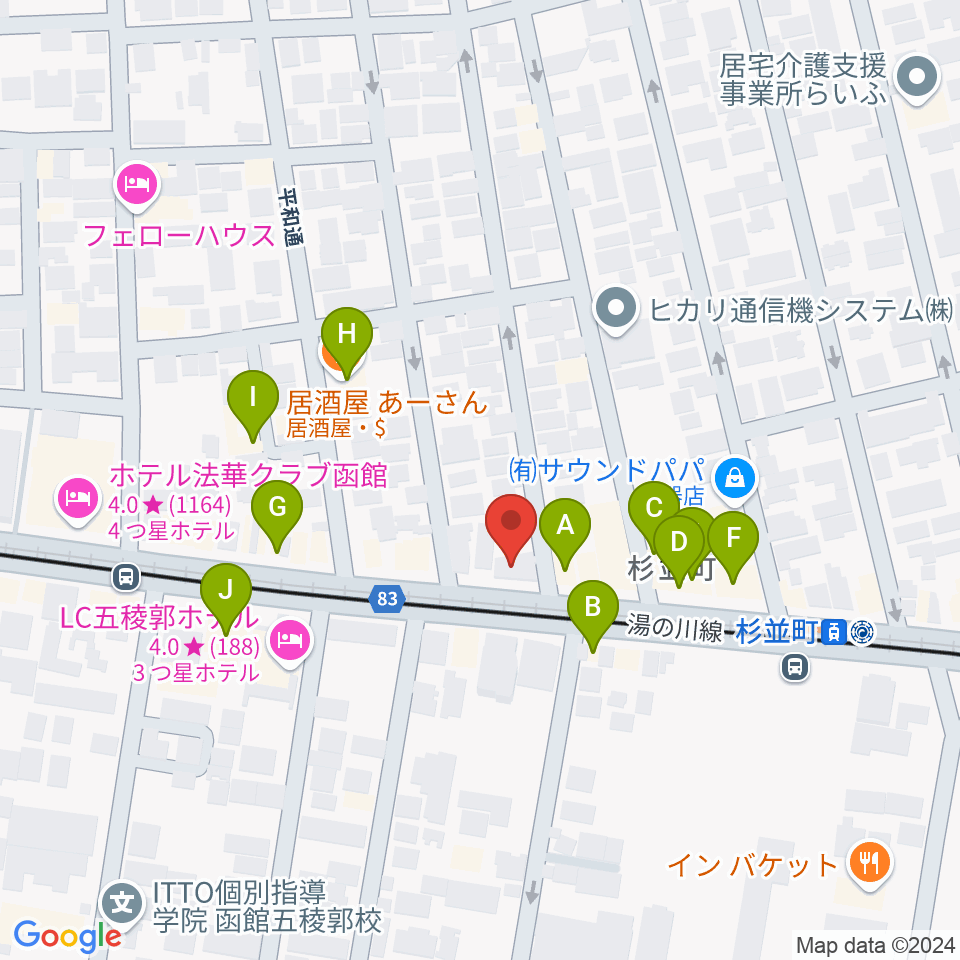 カワイ函館ショップ周辺のファミレス・ファーストフード一覧地図