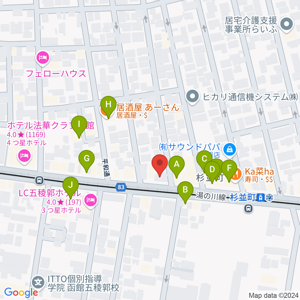 カワイ函館ショップ周辺のファミレス・ファーストフード一覧地図