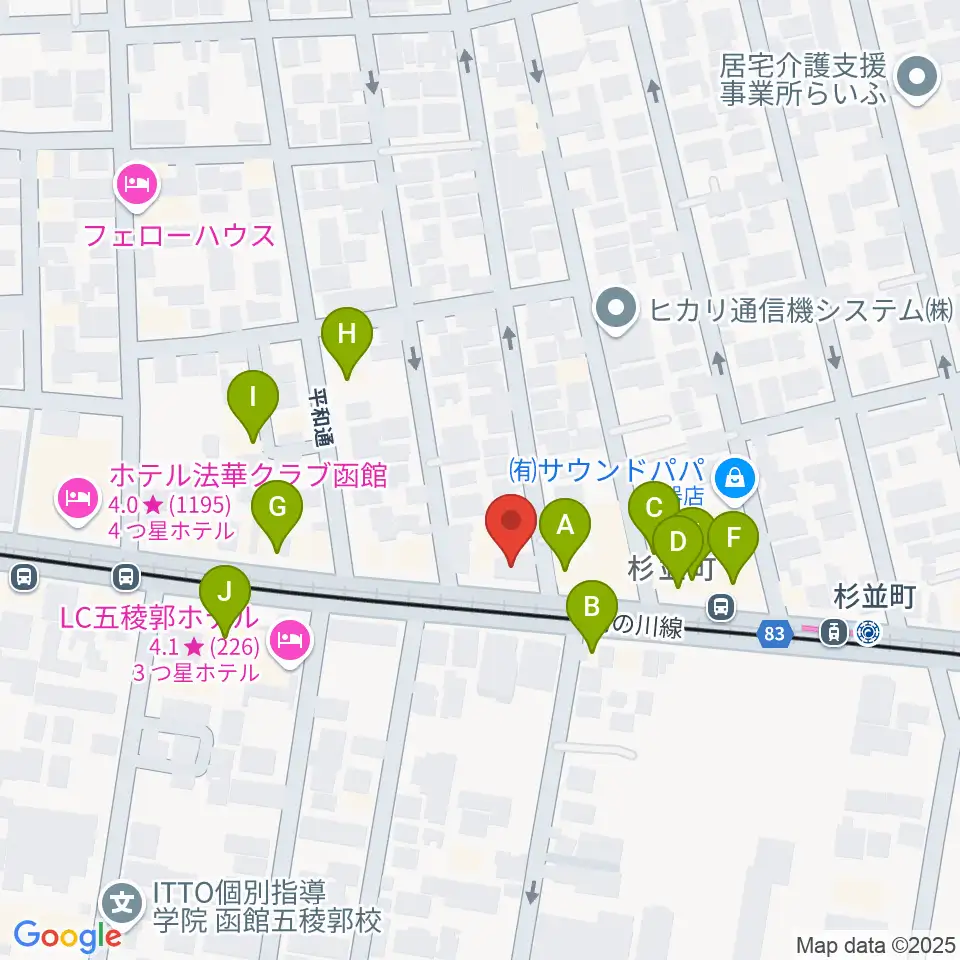 カワイ函館ショップ周辺のファミレス・ファーストフード一覧地図