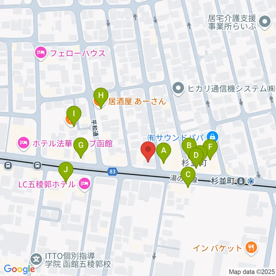 カワイ函館ショップ周辺のファミレス・ファーストフード一覧地図
