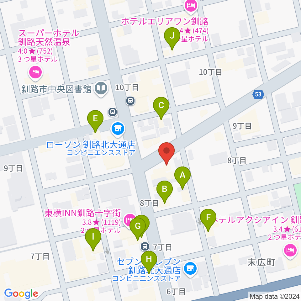 カワイ釧路店周辺のファミレス・ファーストフード一覧地図