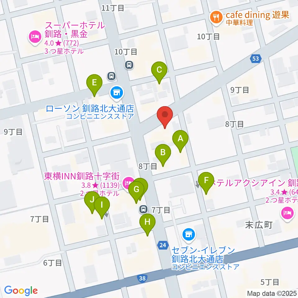 カワイ釧路店周辺のファミレス・ファーストフード一覧地図