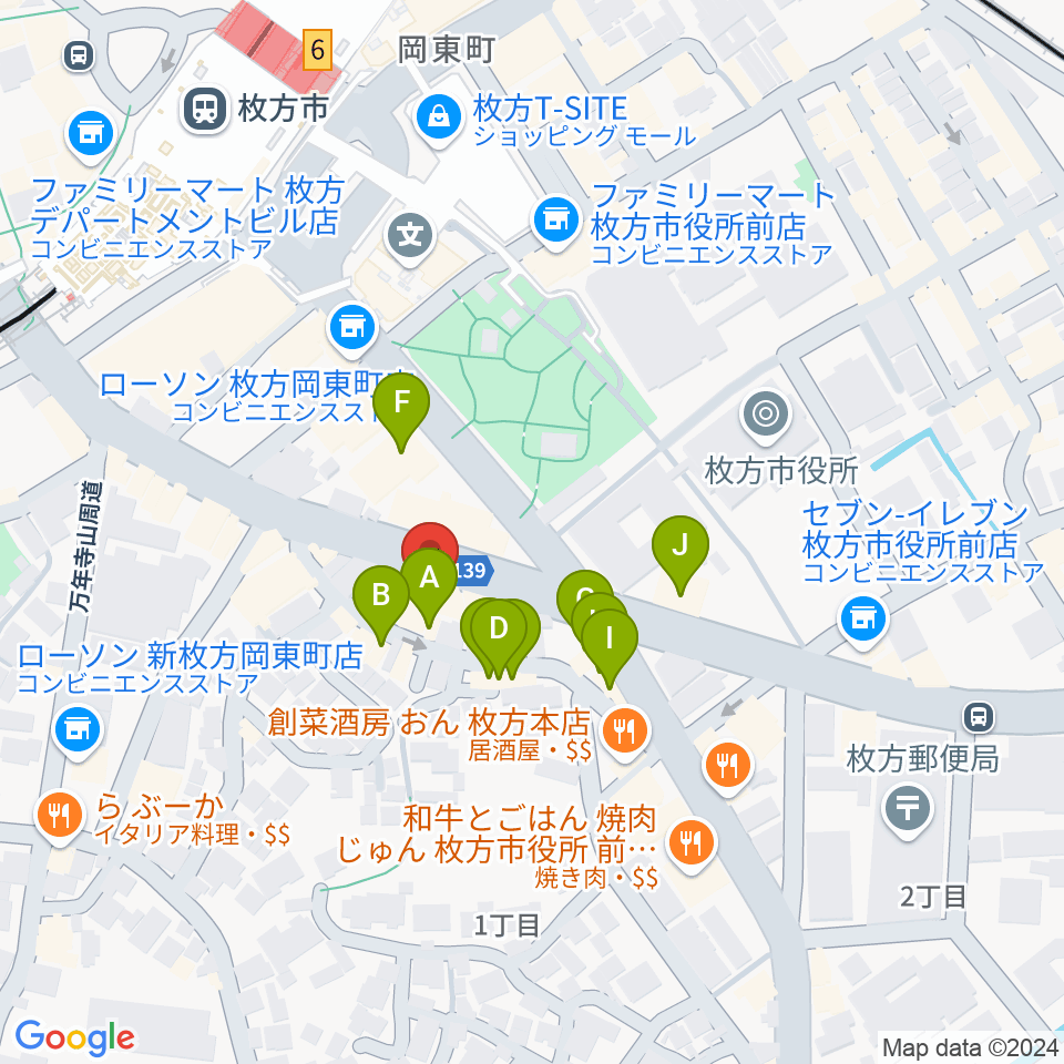 大東楽器 枚方店周辺のファミレス・ファーストフード一覧地図