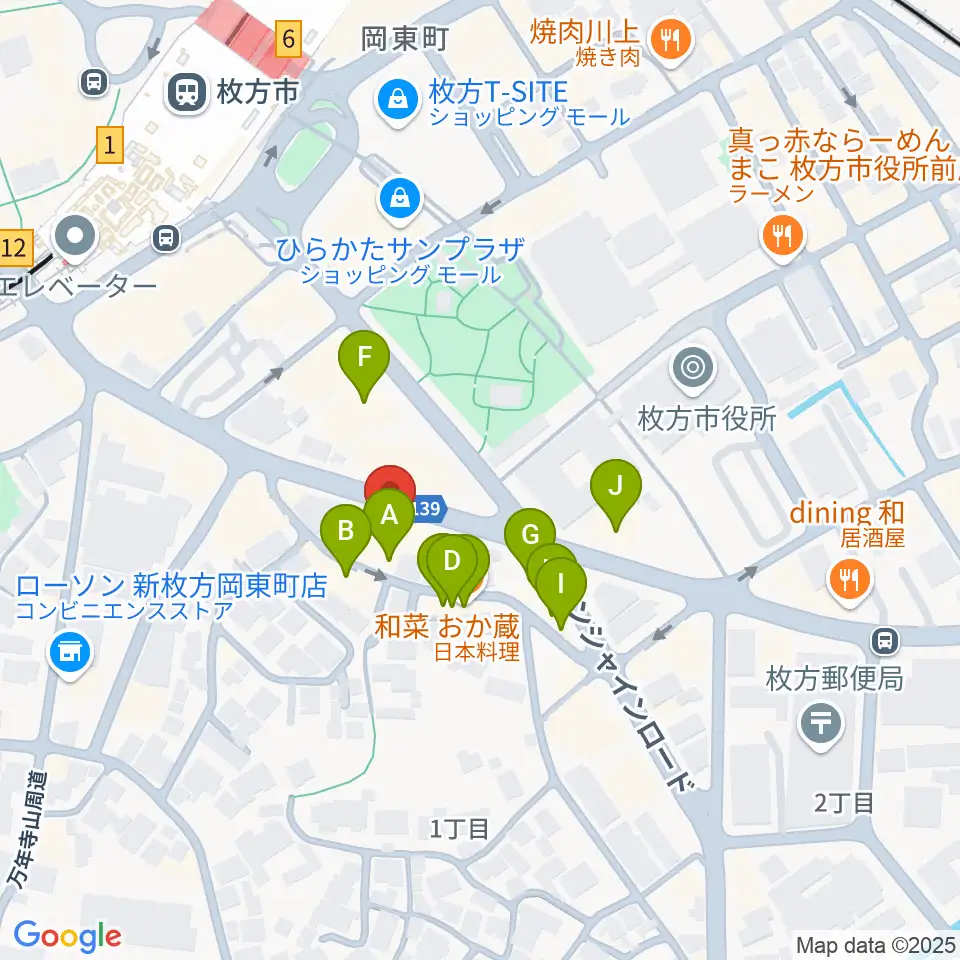 大東楽器 枚方店周辺のファミレス・ファーストフード一覧地図