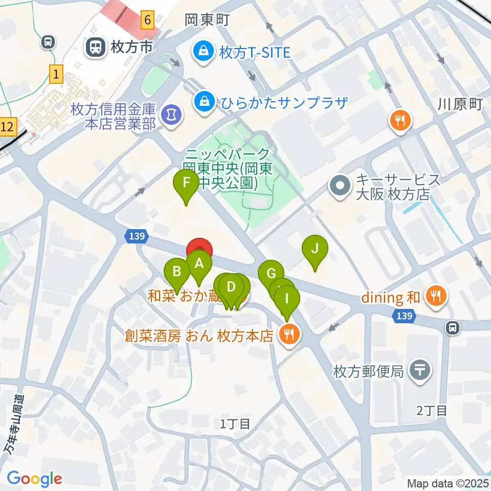 大東楽器 枚方店周辺のファミレス・ファーストフード一覧地図