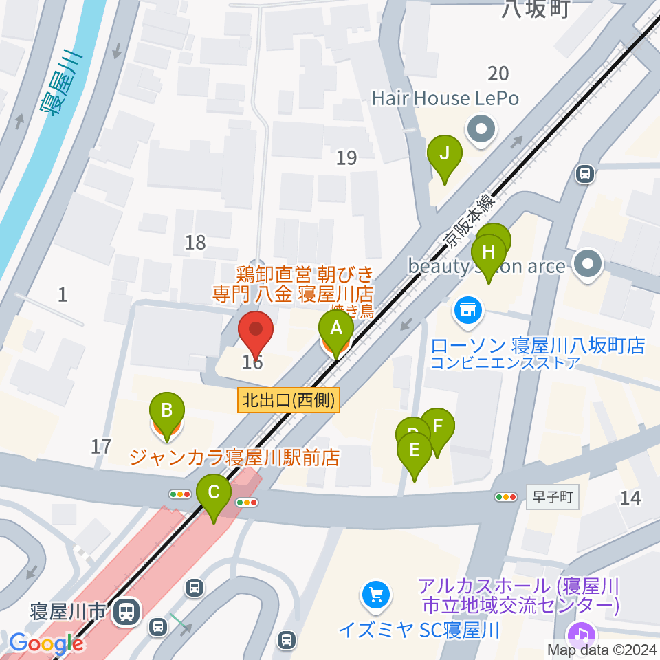 大東楽器 寝屋川店周辺のファミレス・ファーストフード一覧地図