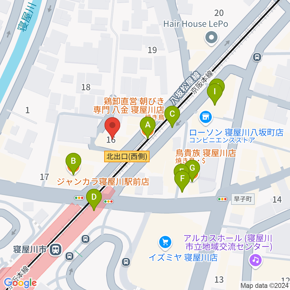 大東楽器 寝屋川店周辺のファミレス・ファーストフード一覧地図