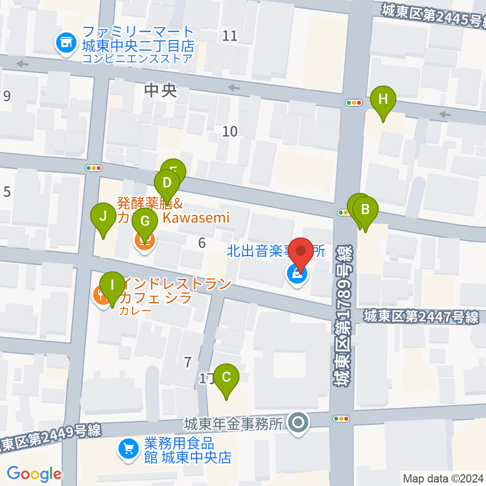 北出音楽事務所 KITADEホール周辺のファミレス・ファーストフード一覧地図