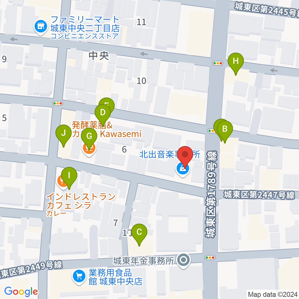 北出音楽事務所 KITADEホール周辺のファミレス・ファーストフード一覧地図