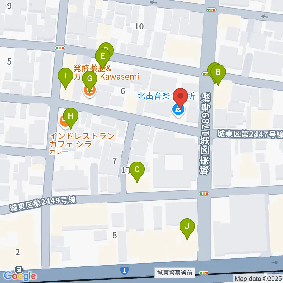 北出音楽事務所 KITADEホール周辺のファミレス・ファーストフード一覧地図