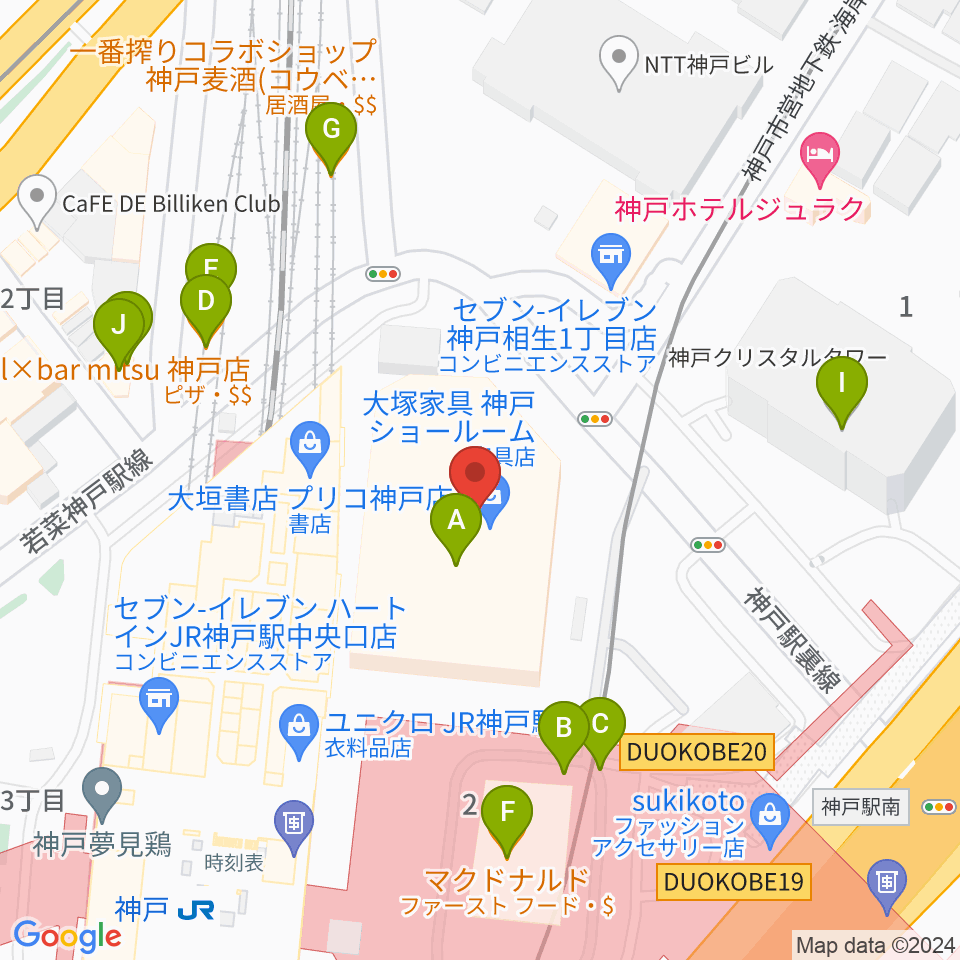 カワイ神戸ショップ周辺のファミレス・ファーストフード一覧地図