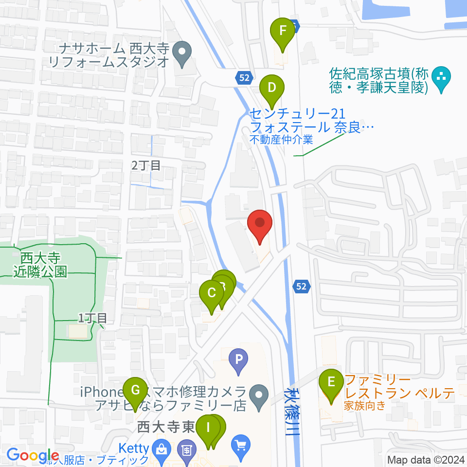 カワイ奈良ショップ周辺のファミレス・ファーストフード一覧地図