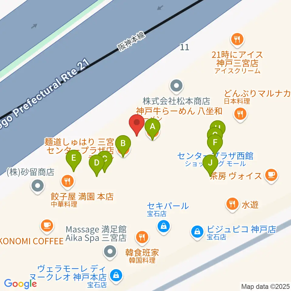 神戸三宮リードマン周辺のファミレス・ファーストフード一覧地図