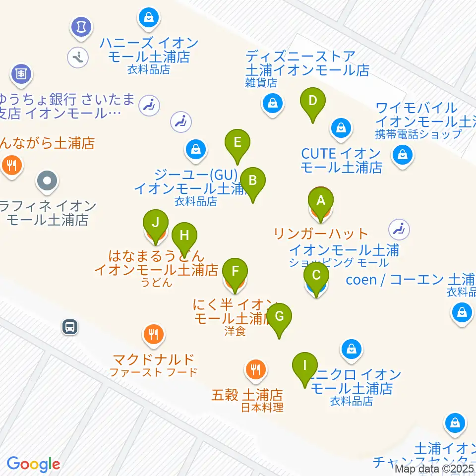 島村楽器 イオンモール土浦店周辺のファミレス・ファーストフード一覧地図