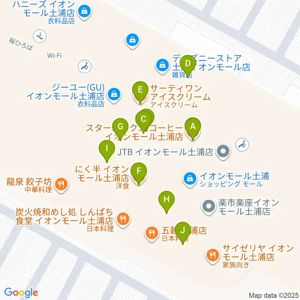 島村楽器 イオンモール土浦店周辺のファミレス・ファーストフード一覧地図