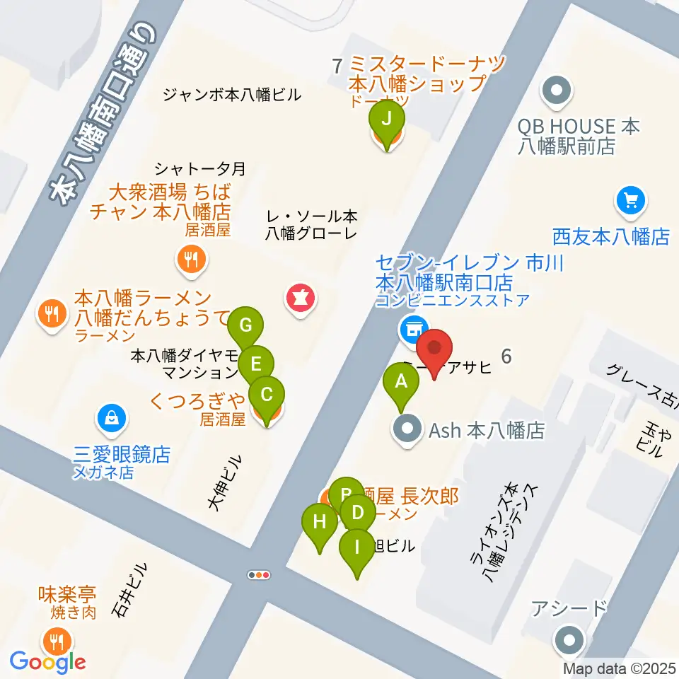 カワイ本八幡店周辺のファミレス・ファーストフード一覧地図