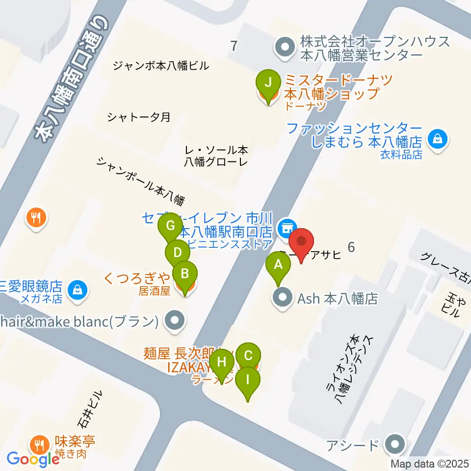 カワイ本八幡店周辺のファミレス・ファーストフード一覧地図
