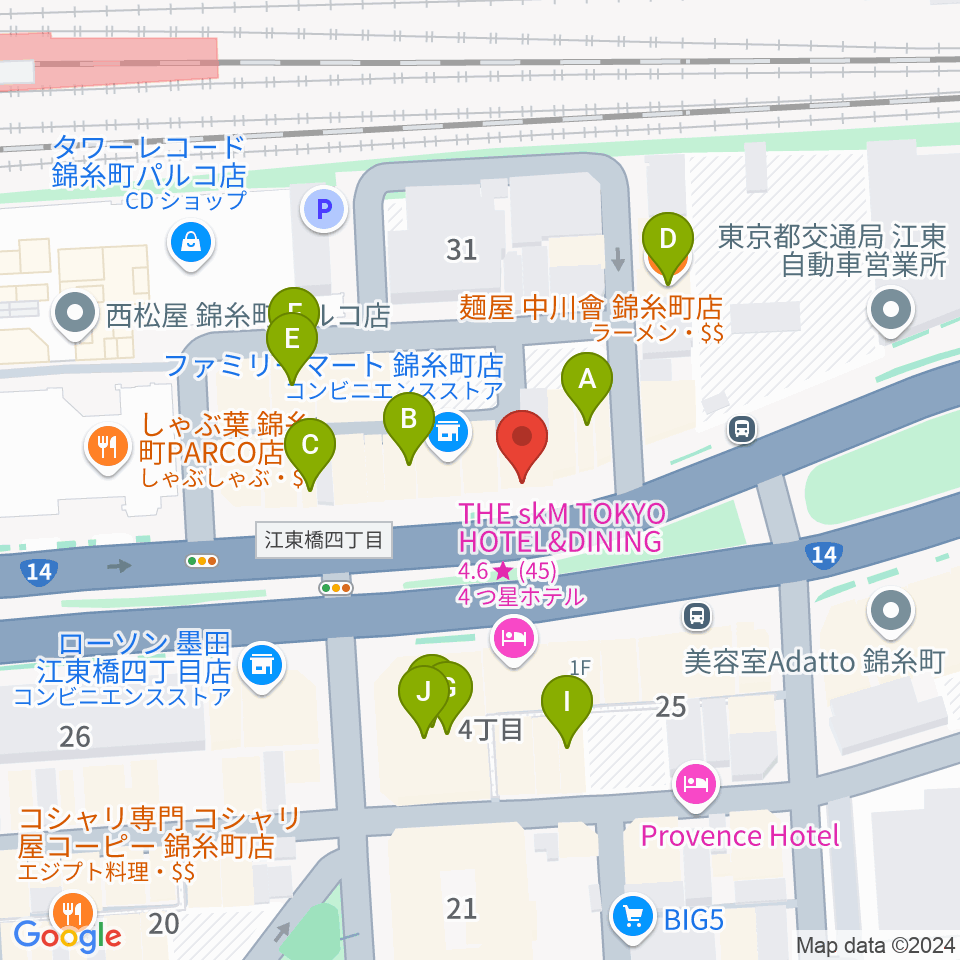 カワイ錦糸町店周辺のファミレス・ファーストフード一覧地図