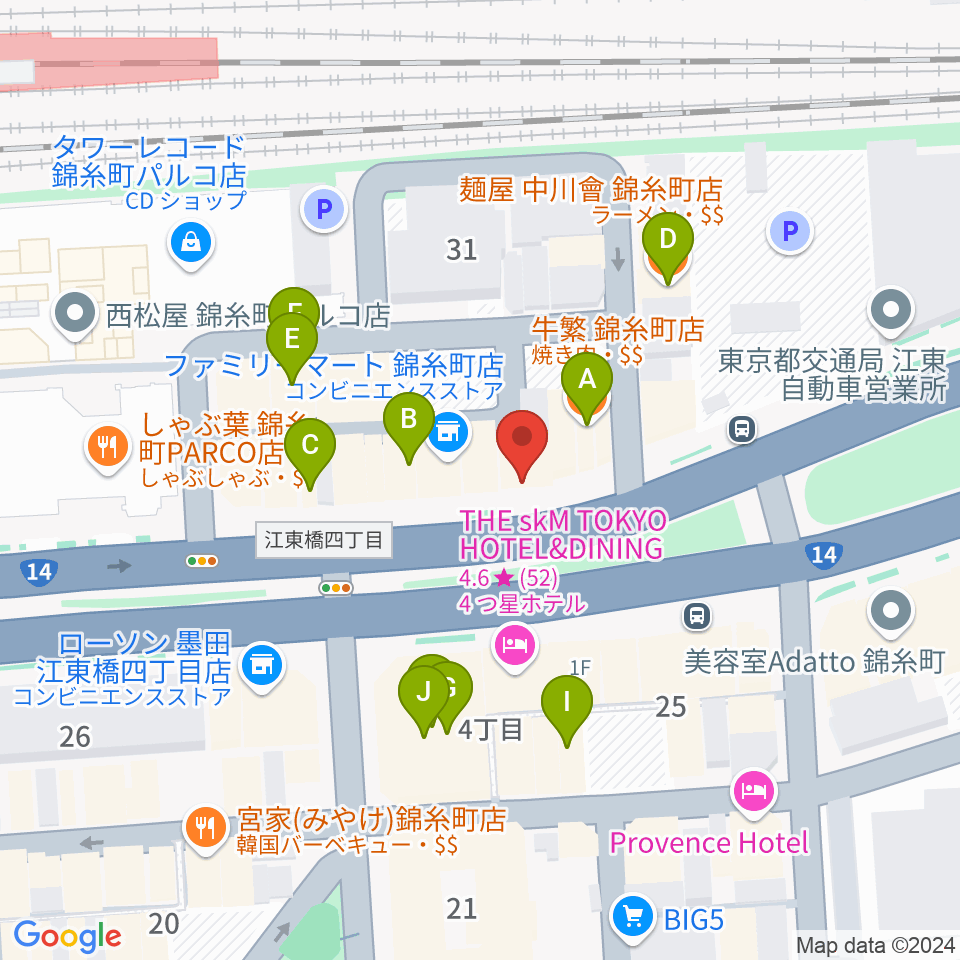 カワイ錦糸町店周辺のファミレス・ファーストフード一覧地図