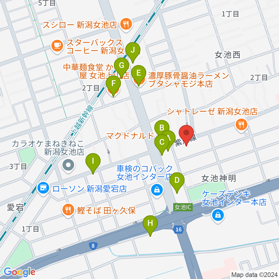 カワイ新潟ショップ周辺のファミレス・ファーストフード一覧地図