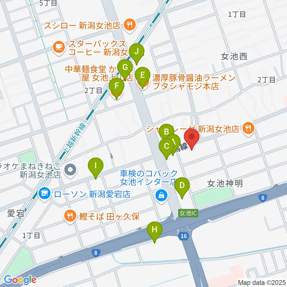 カワイ新潟ショップ周辺のファミレス・ファーストフード一覧地図