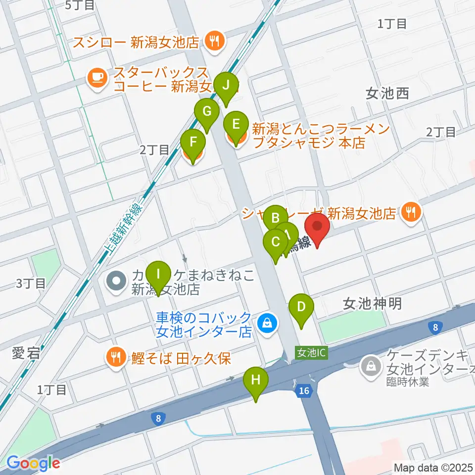カワイ新潟ショップ周辺のファミレス・ファーストフード一覧地図